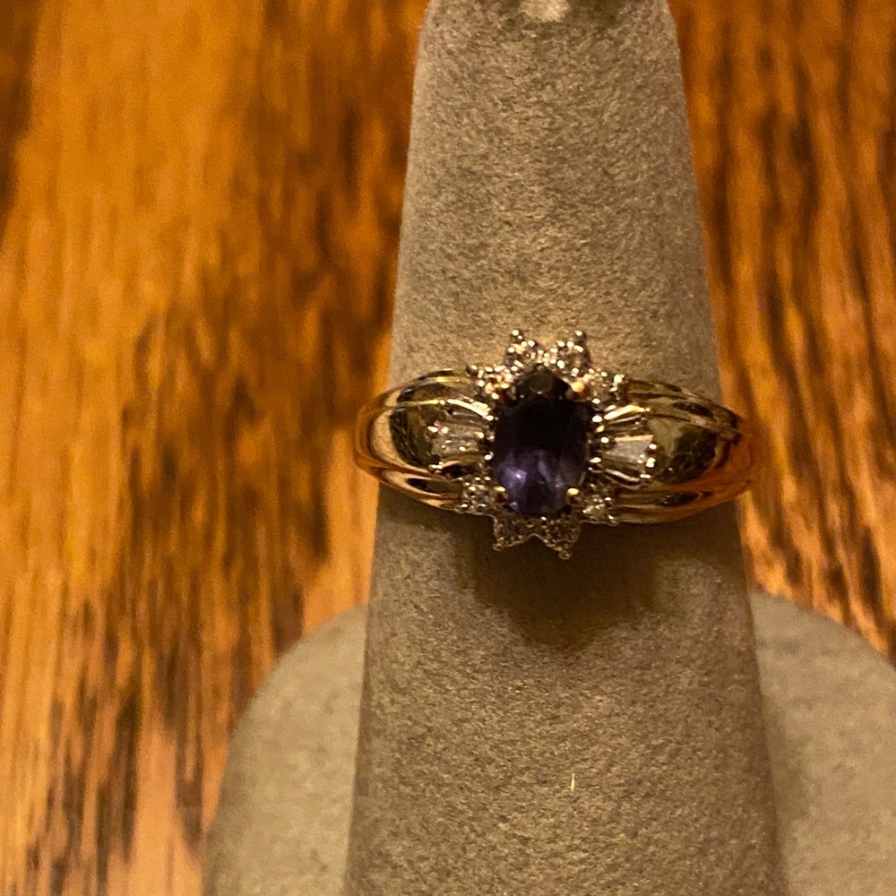 14k Ring with Purple Gemstone and Diamonds